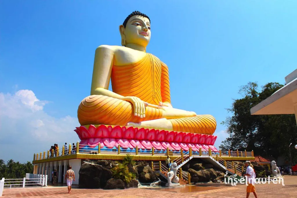Riesige goldene Buddha-Statue auf einer Lotusblüte an einem Tempel in Sri Lanka