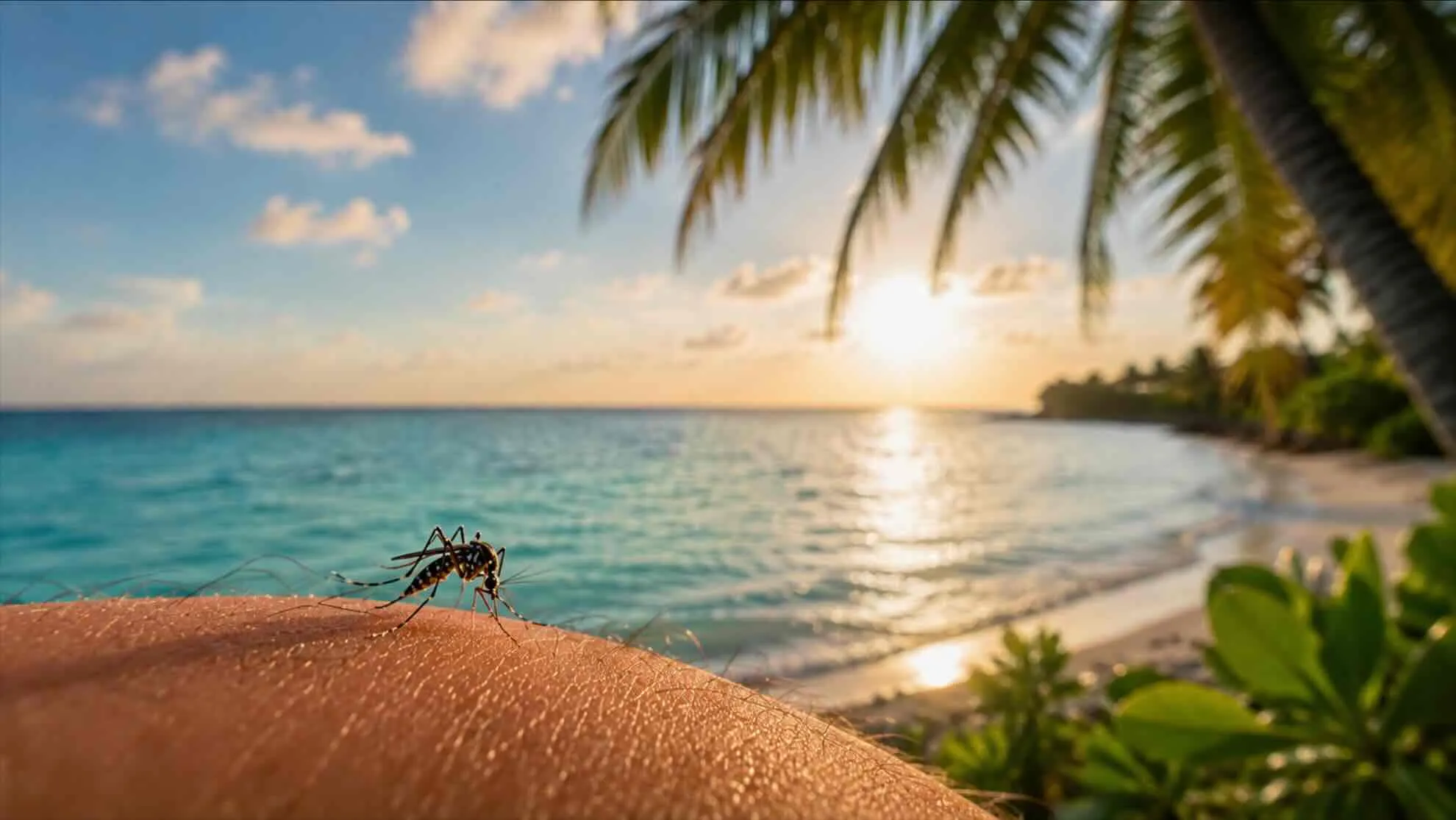 Stechmücke sticht in menschliche Haut, im Hintergrund ein Sonnenuntergang am Strand
