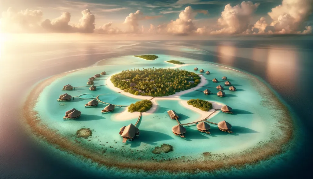 Luftbild einer privaten Malediven-Insel mit Wasserbungalows in türkiser Lagune