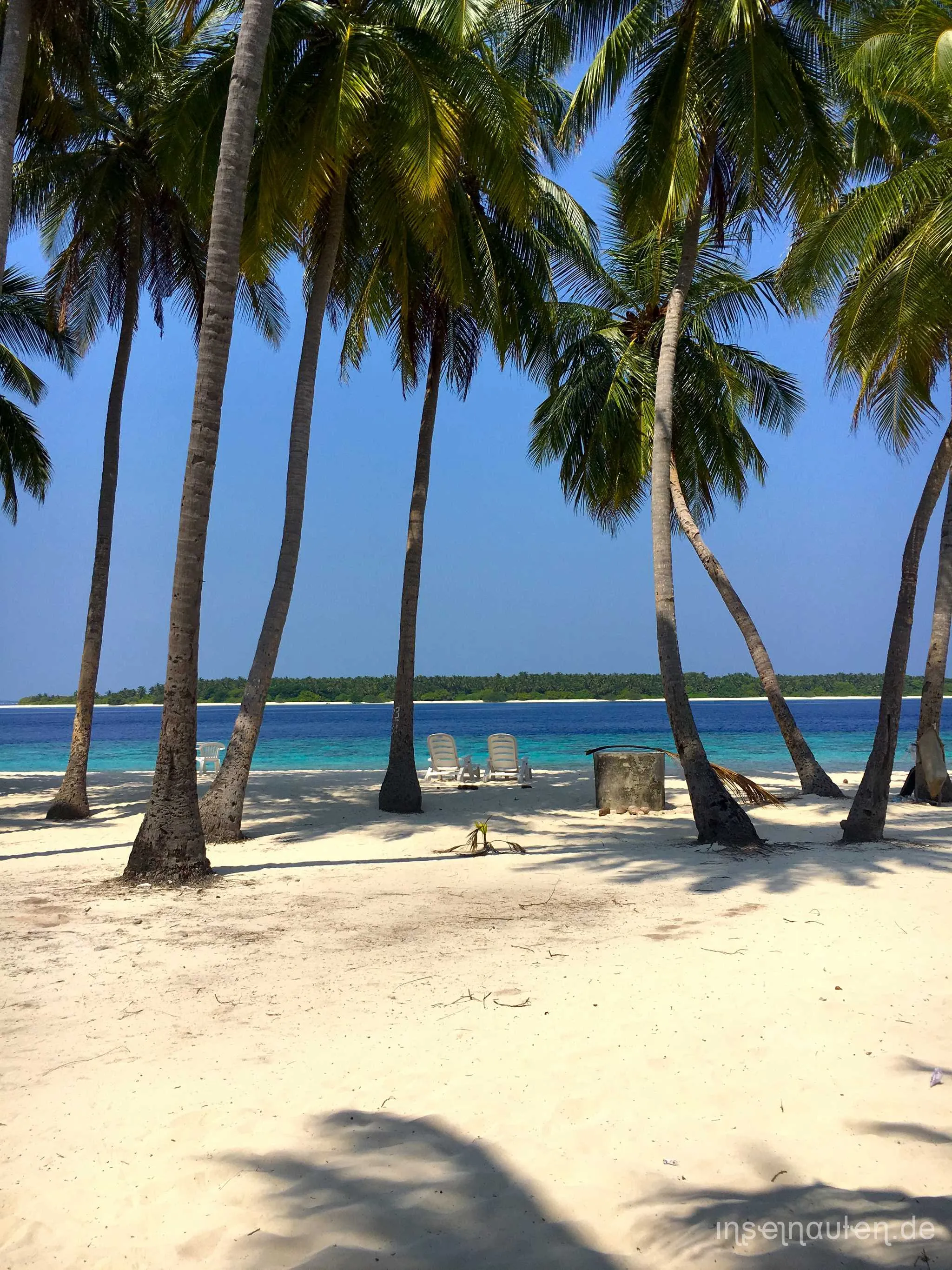 Palmenhain am weißen Strand mit Liegen und Blick auf die Nachbarinsel
